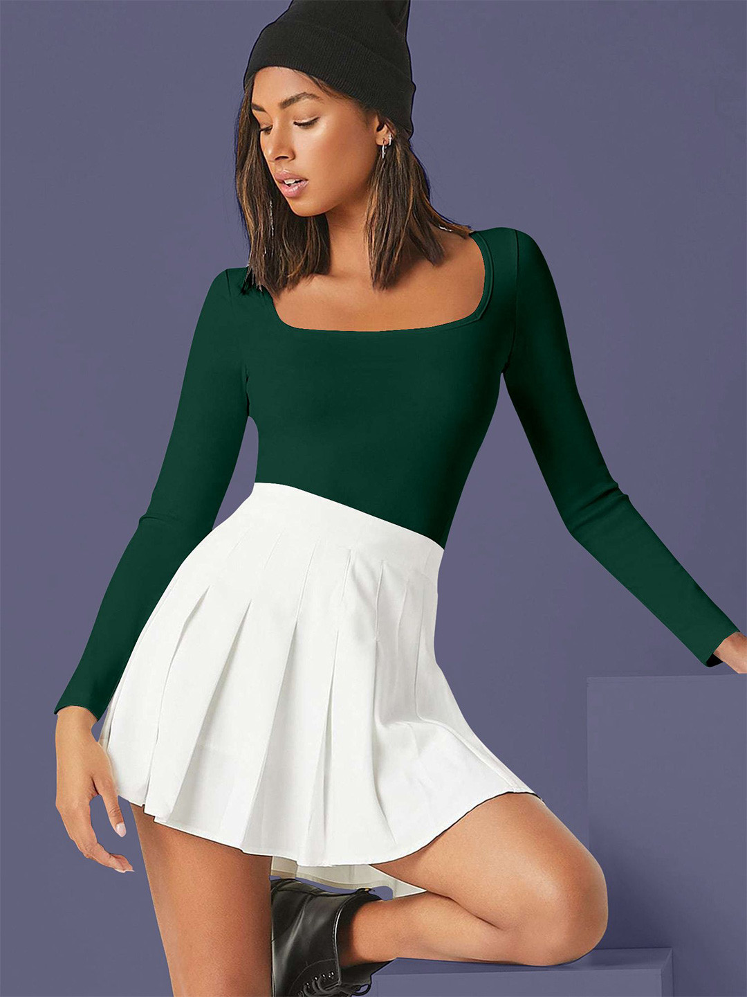 

Dream Beauty Fashion Solid Square Neck Long Sleeves Top, Green