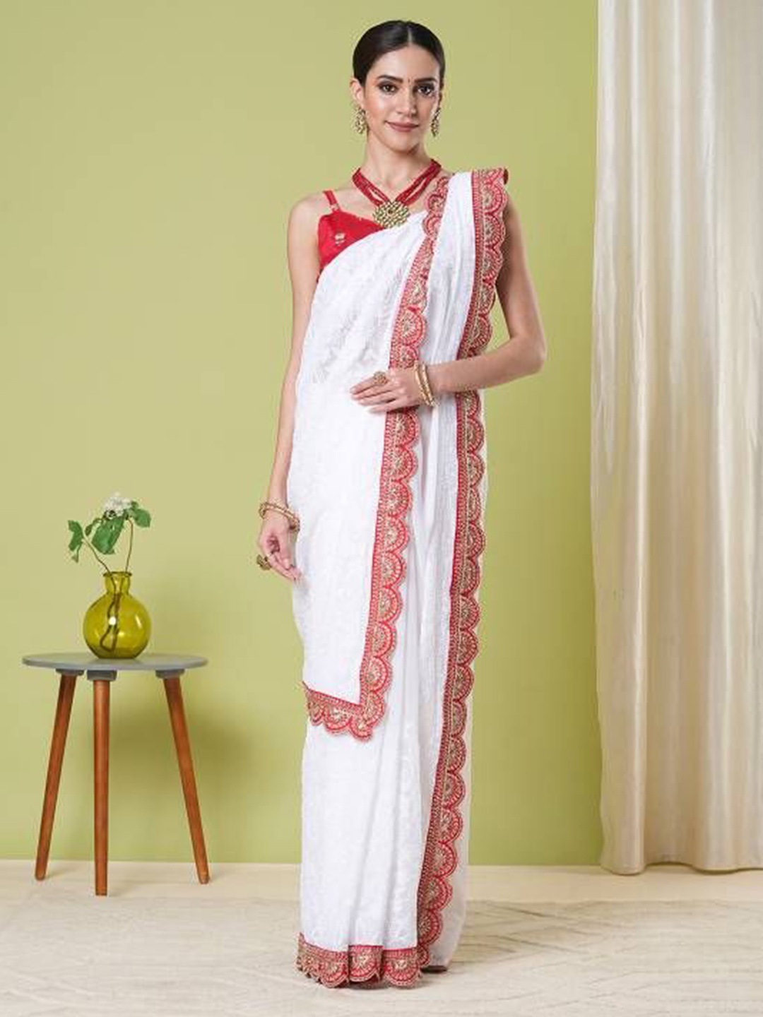 

HERE&NOW Embellished Sequinned Pure Georgette Banarasi Saree, White