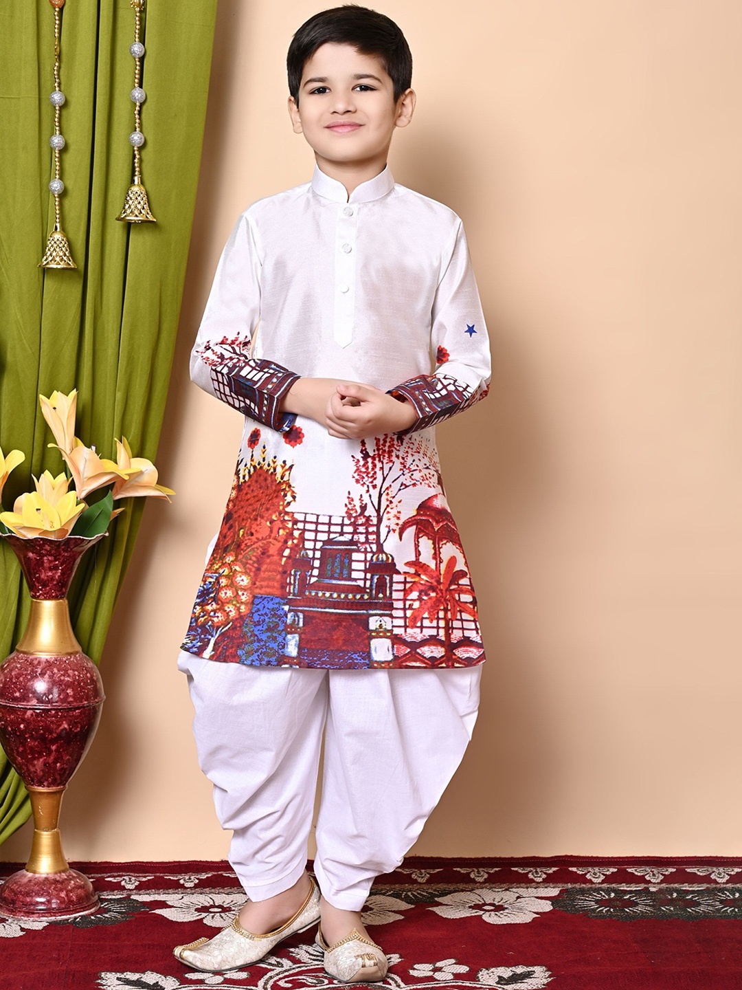 

NFC CREATION Boys Ethnic Motifs Printed Regular Dupion Silk Kurta with Patiala, White