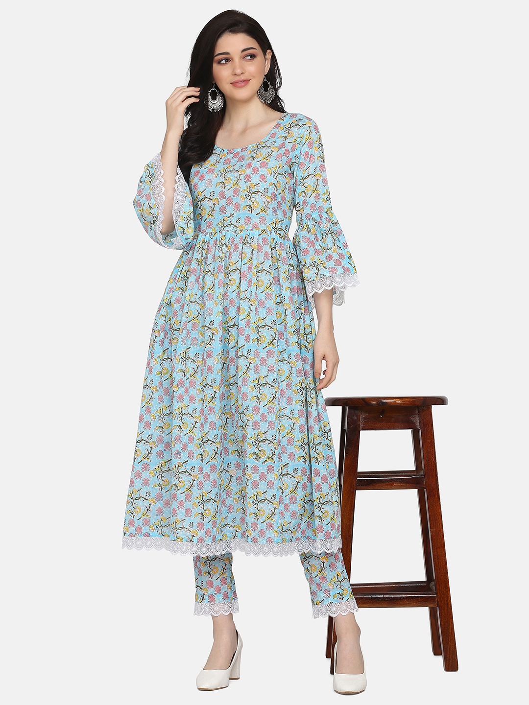 

Fourleaf Women Floral Printed Regular Pure Cotton Kurta with Trousers, Grey