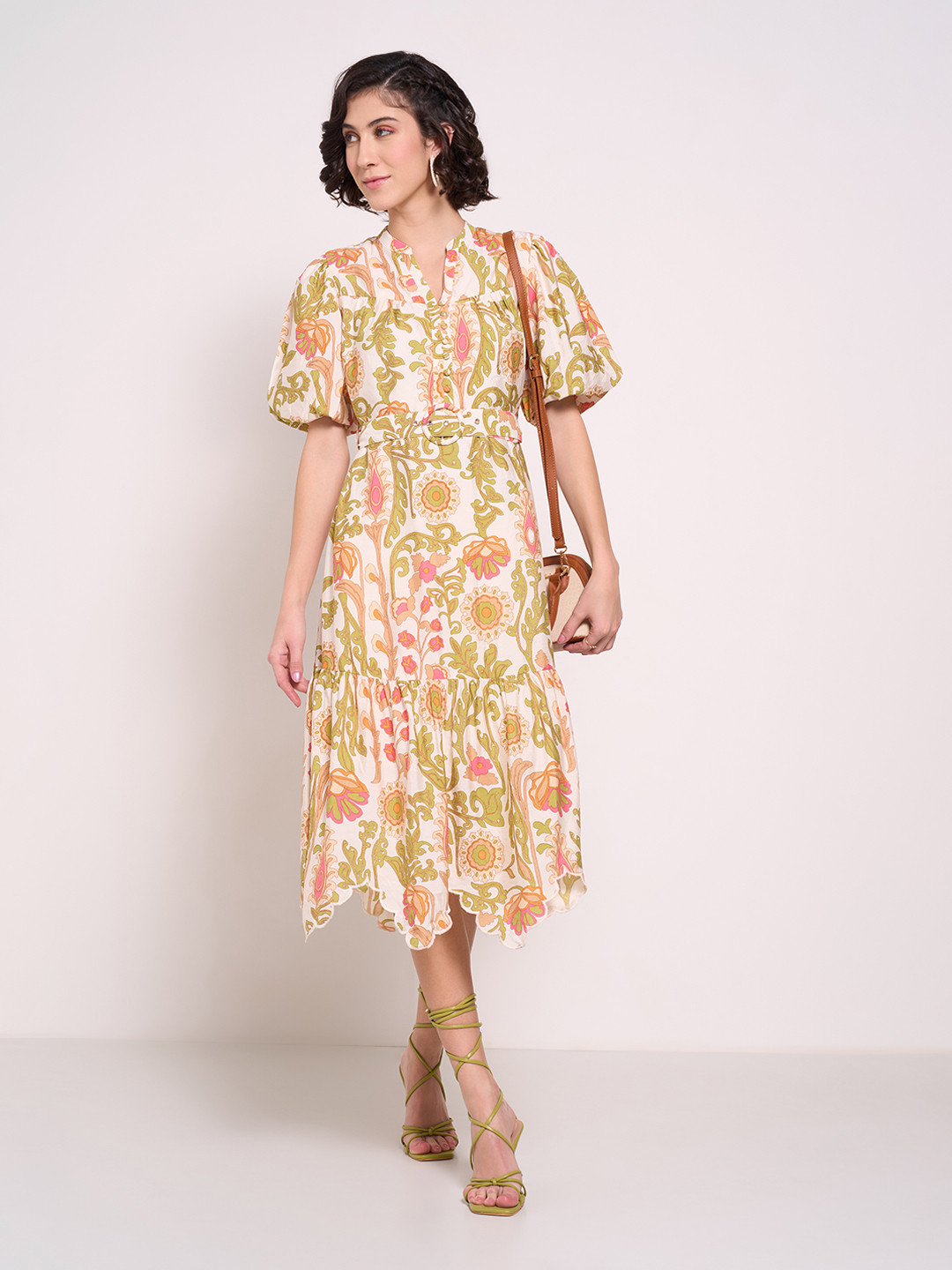 

Honey by Pantaloons Floral Print Flared Sleeve A-Line Midi Dress, Olive