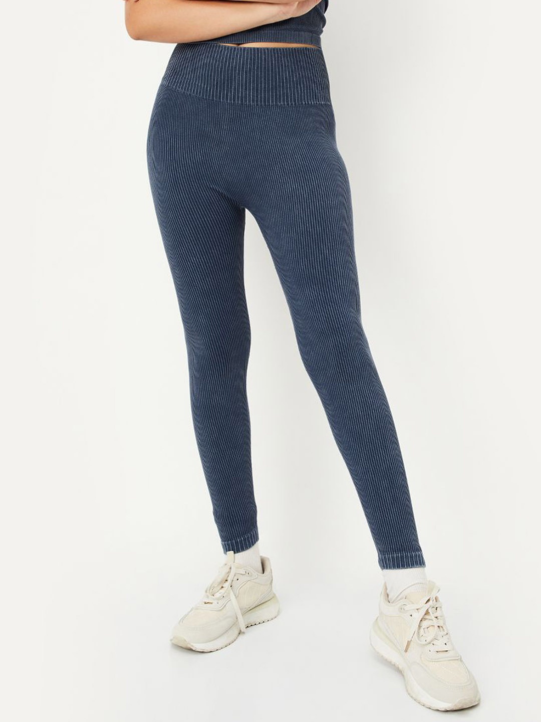 

max Ribbed Ankle-Length Sports Tights, Navy blue
