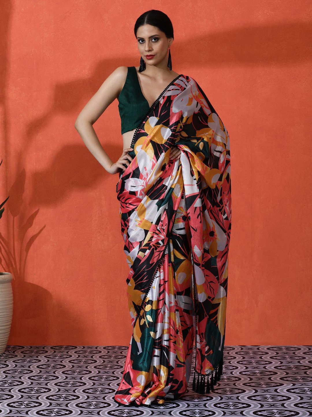 

Sangria Embellished Floral Printed Digital Printed Satin Saree With Blouse Piece, Black
