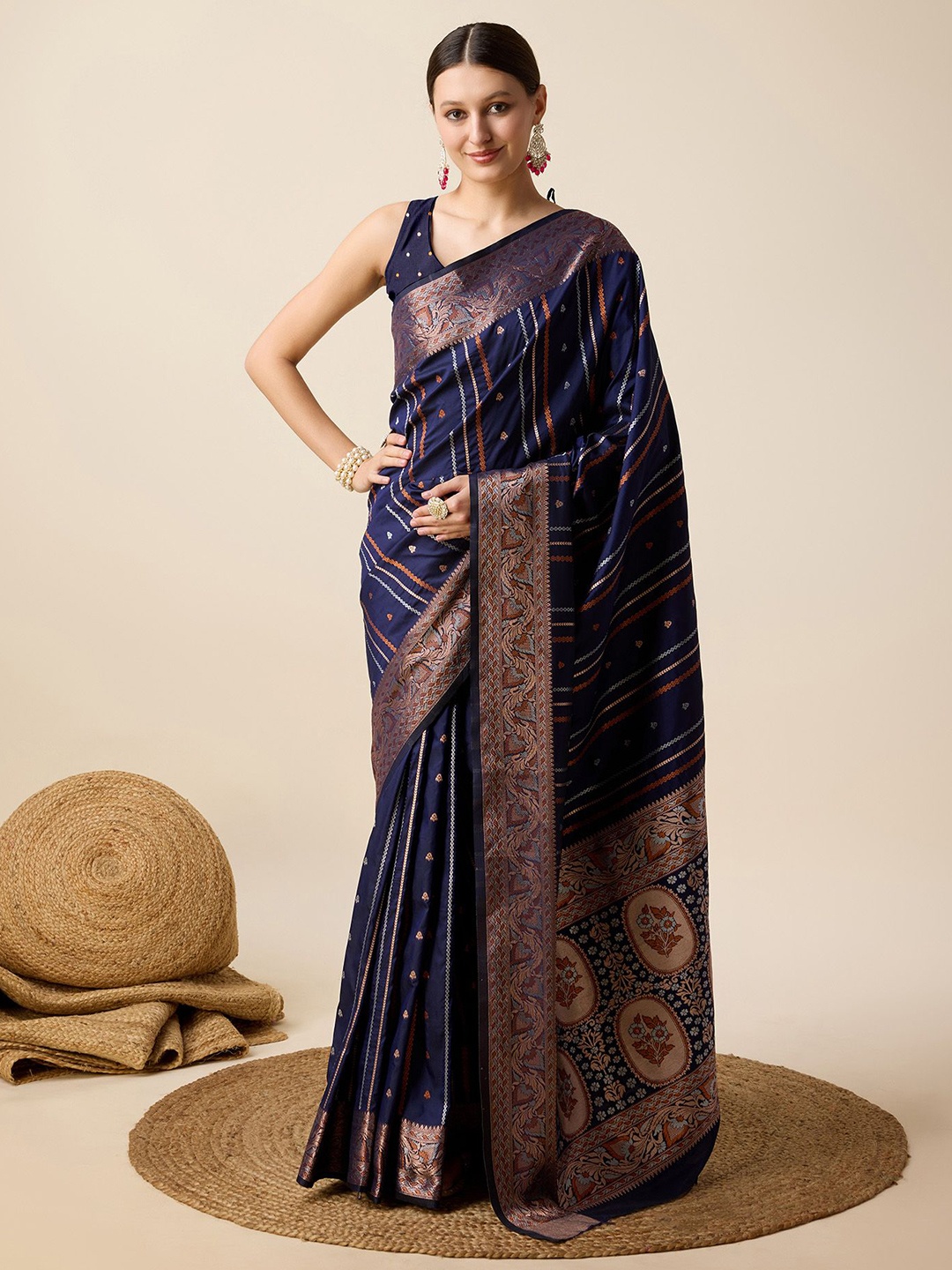 

Rangtulika Ethnics Woven Design Zari Silk Blend Banarasi Saree, Navy blue