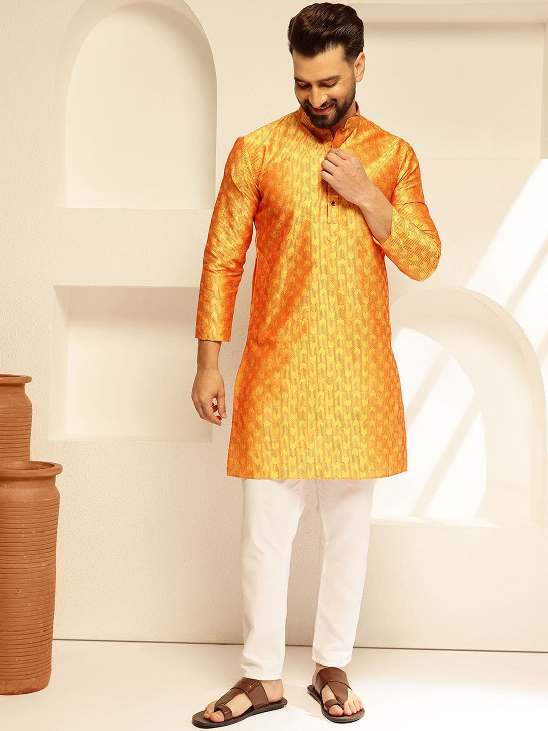 

SOJANYA Men Regular Thread Work Kurta with Pyjamas, Yellow