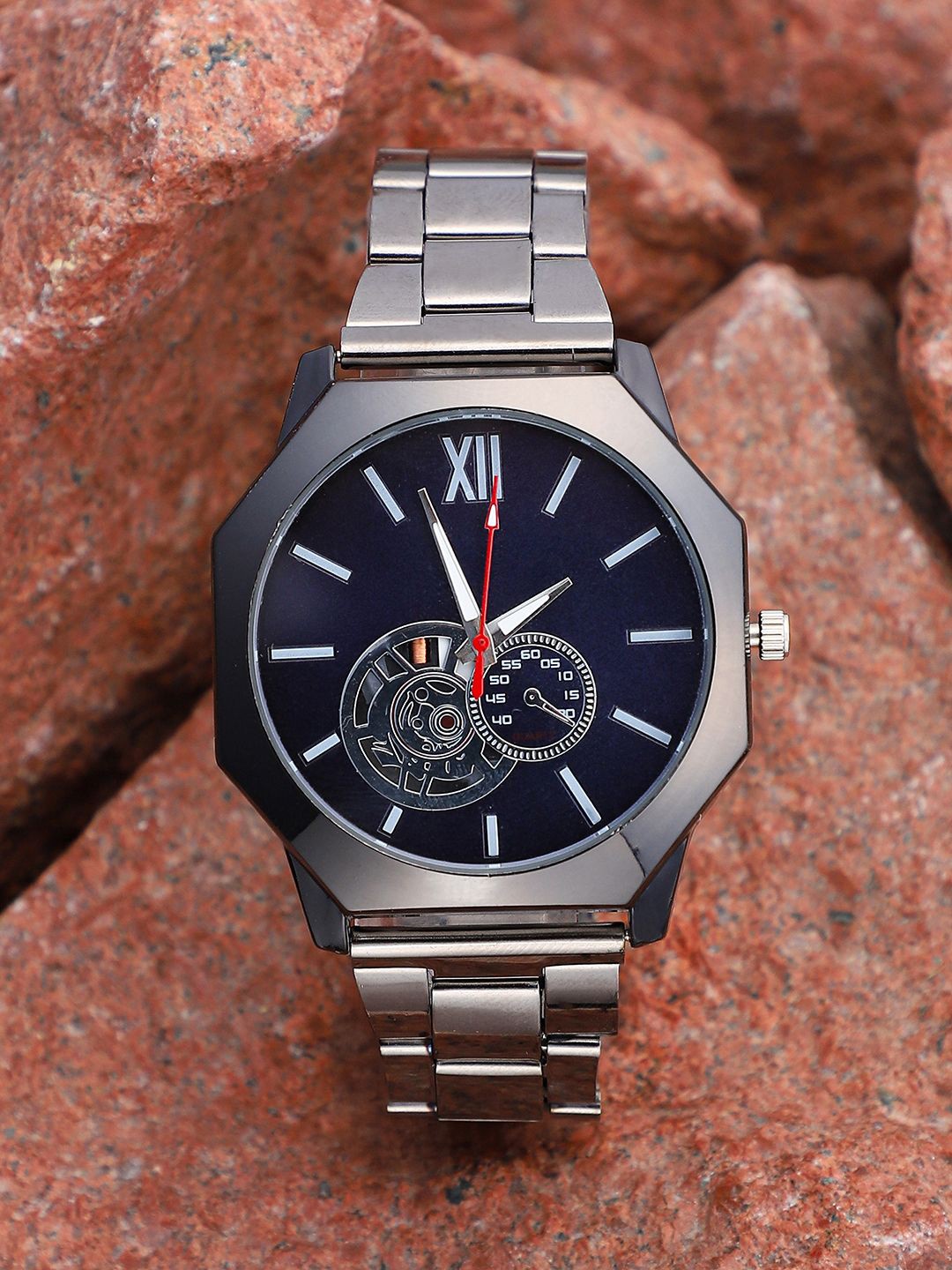 

French Accent Men Patterned Dial & Stainless Steel Bracelet Style Straps Analogue Watch SS25_FAWC1028, Grey