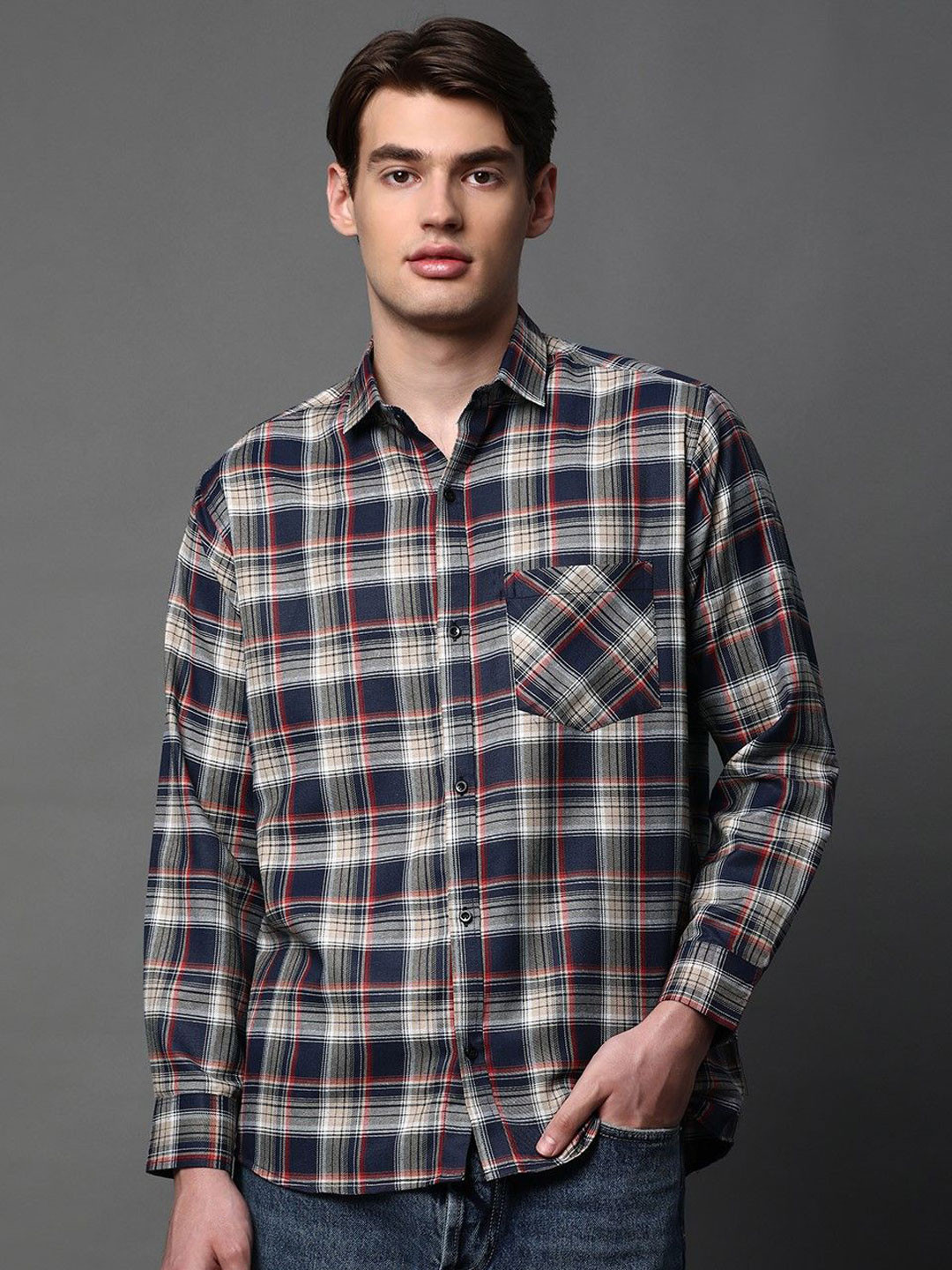 

BROWN BROTHERS Unisex Relaxed Animal Opaque Checked Casual Shirt, White
