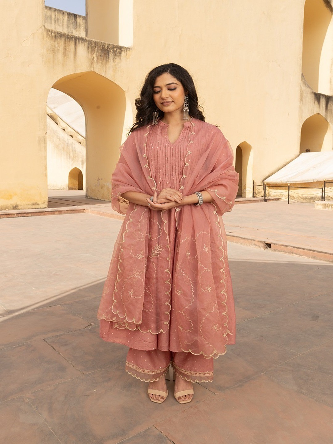 

ASRUMO Women Embroidered Regular Sequinned Kurta with Trousers & With Dupatta, Pink