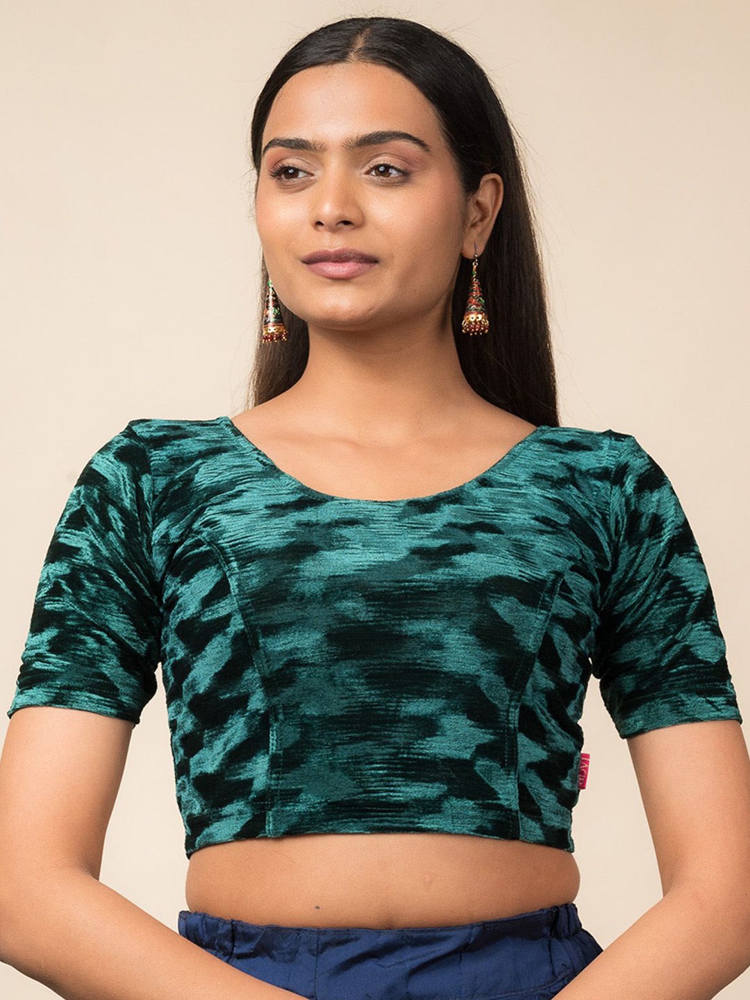 

Bindigasm's Advi Pleated Textured Velvet Stretchable Saree Blouse, Green