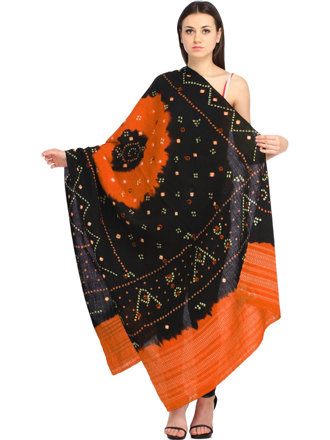 

Exotic India Women Bandhani Embroidered Shawl, Orange