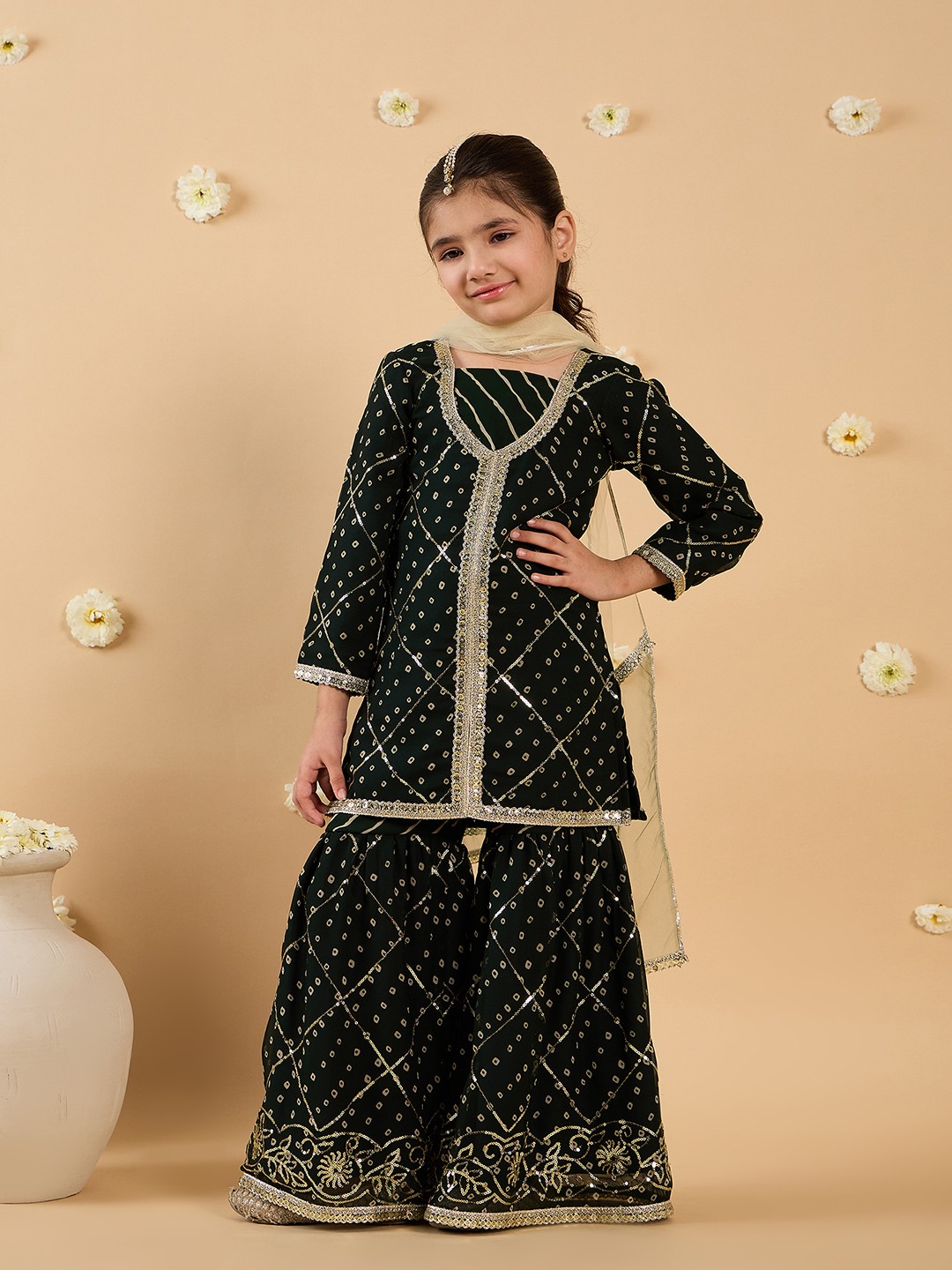 

pspeaches Girls Bandhani Embroidered Angrakha Sequinned Kurta with Sharara & With Dupatta, Green
