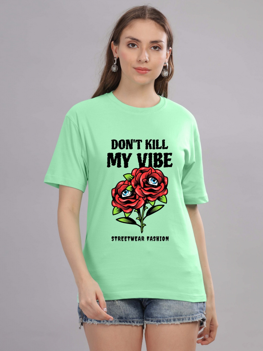 

FALTU.CO Women Printed Drop-Shoulder Sleeves Pure Cotton T-shirt, Sea green