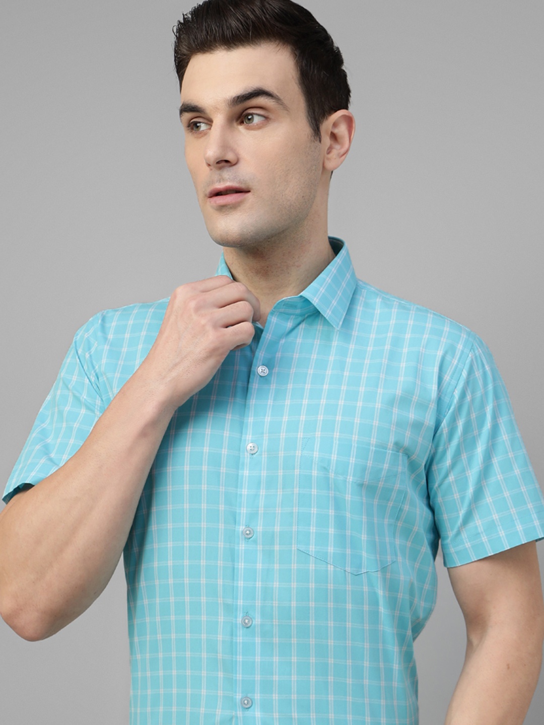 

Hancock Men Standard Slim Fit Windowpane Checks Opaque Checked Formal Shirt, Blue