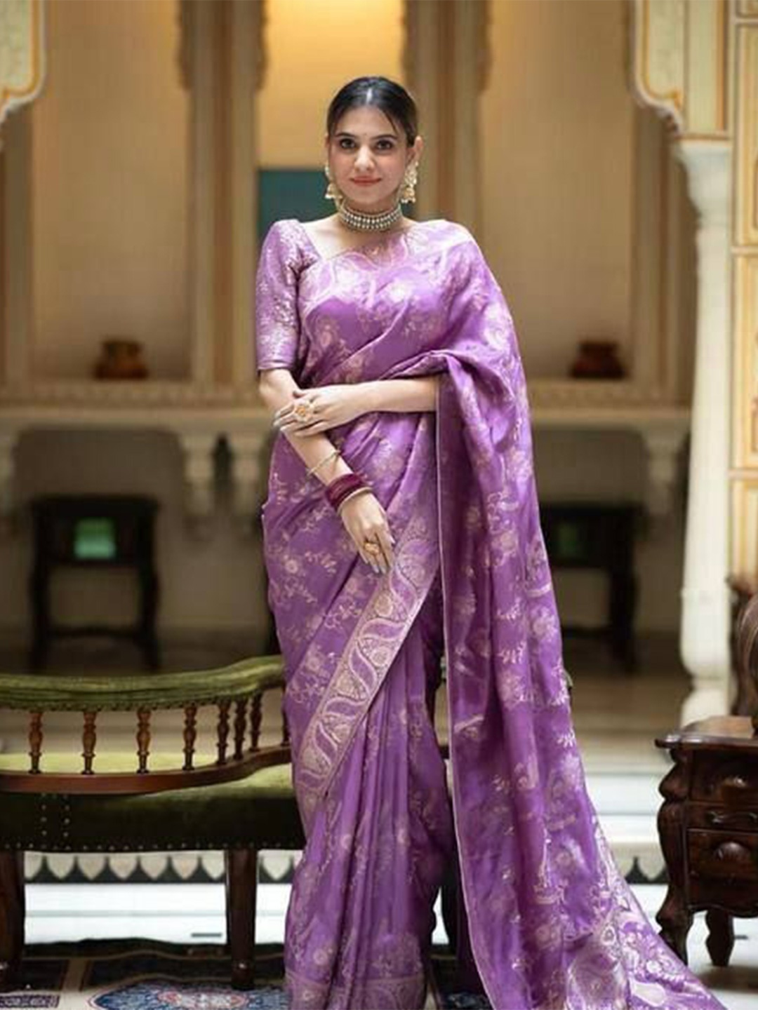 

VILLE FASHION Woven Design Zari Art Silk Kanjeevaram Saree, Purple