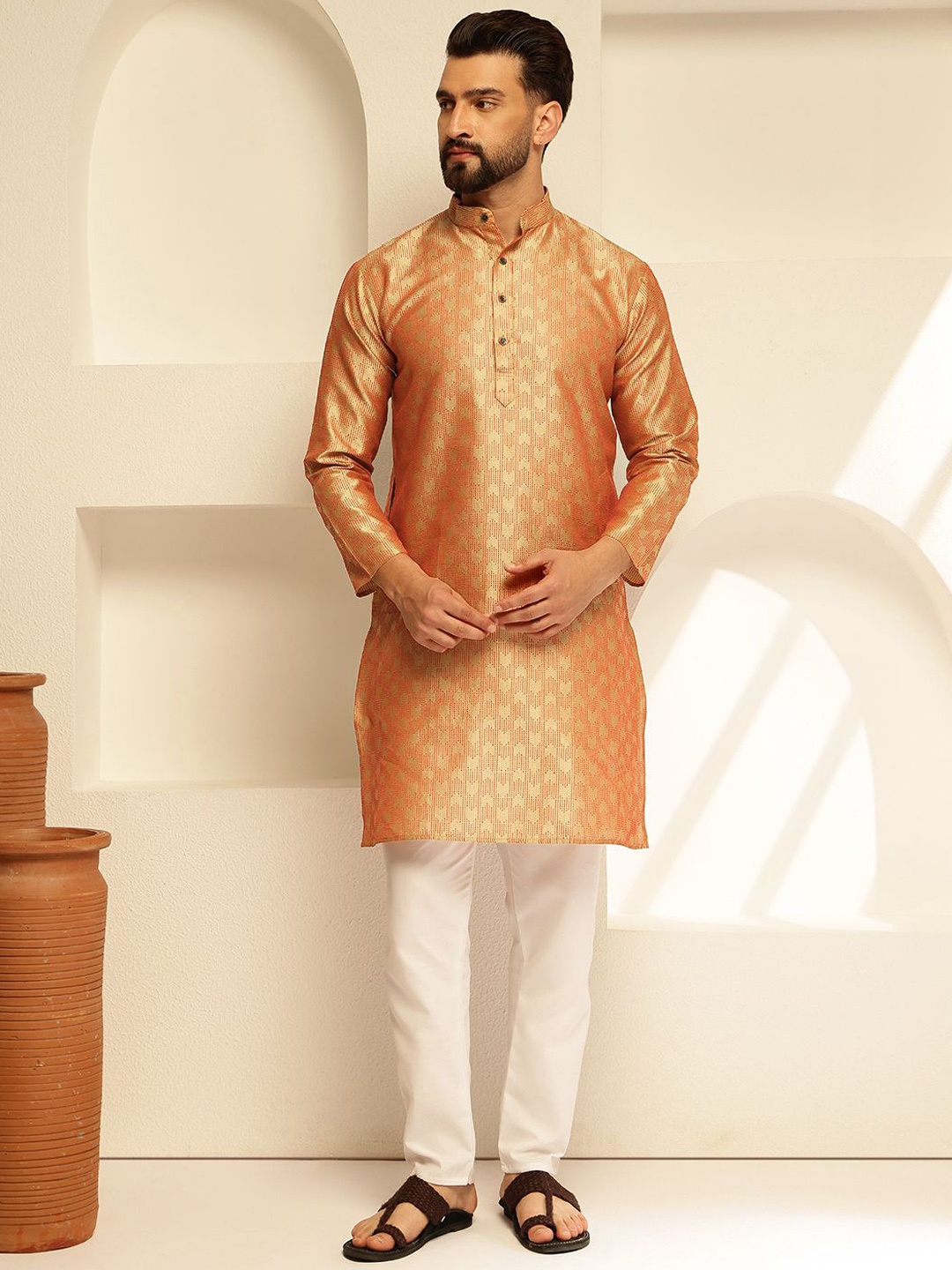 

SOJANYA Men Regular Thread Work Kurta with Pyjamas, Orange