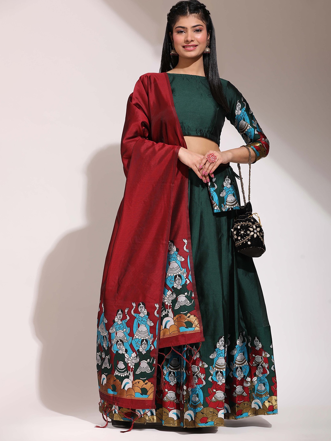 

Payu Printed Semi-Stitched Lehenga & Unstitched Blouse With Dupatta, Green