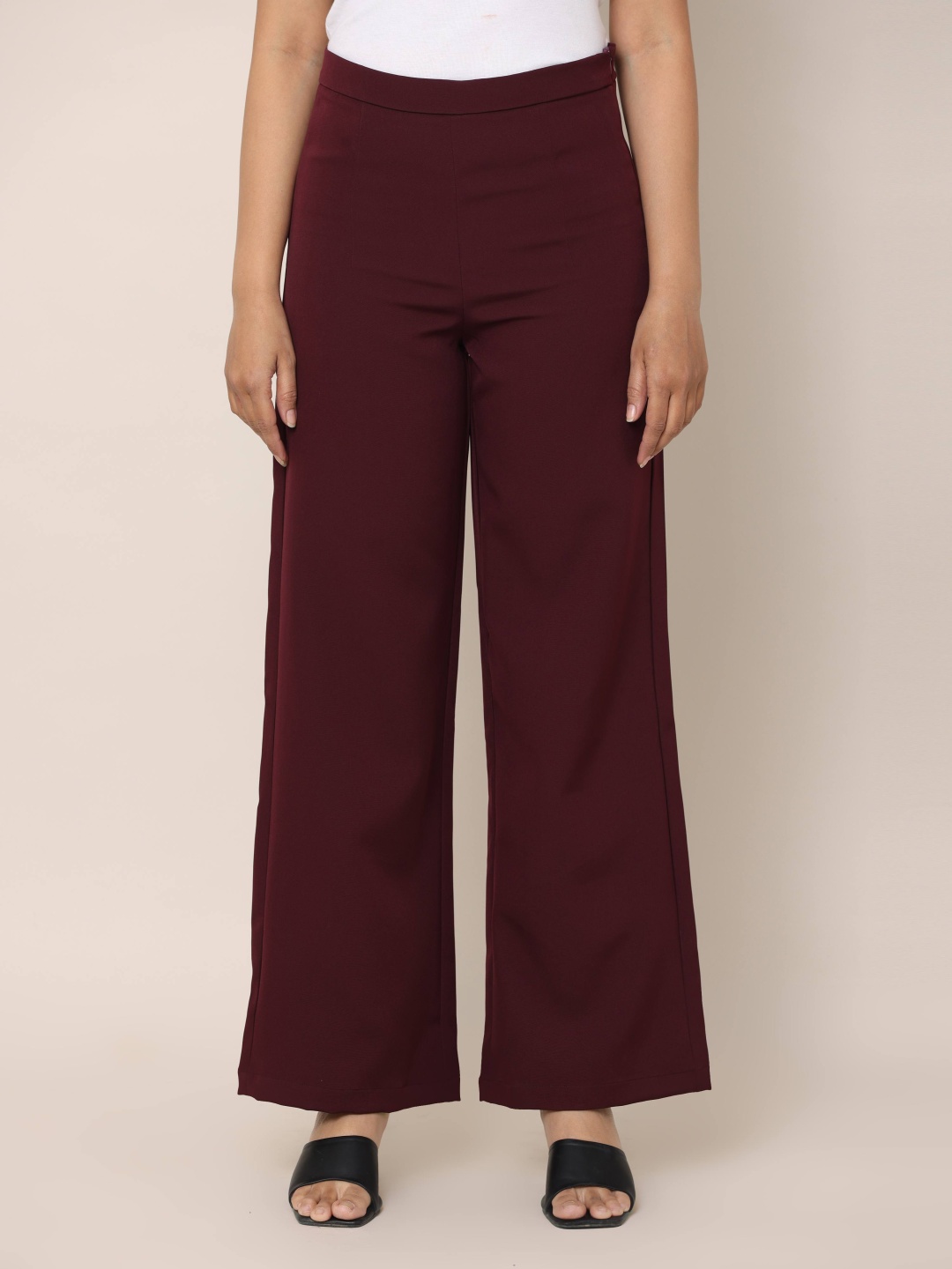 

URBAN POCHE Women Relaxed Straight Fit High-Rise Trousers, Maroon