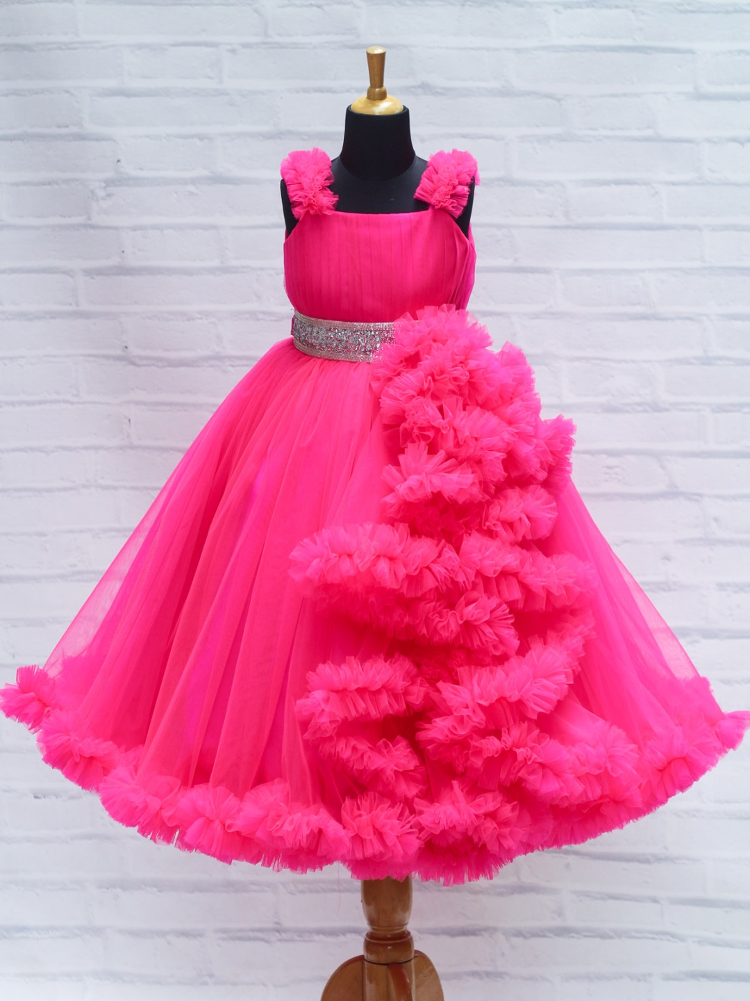 

Li & Li Boutique Girl Hot Fuchsia Pink Flouncy Frill Gown Dress with Silver Belt