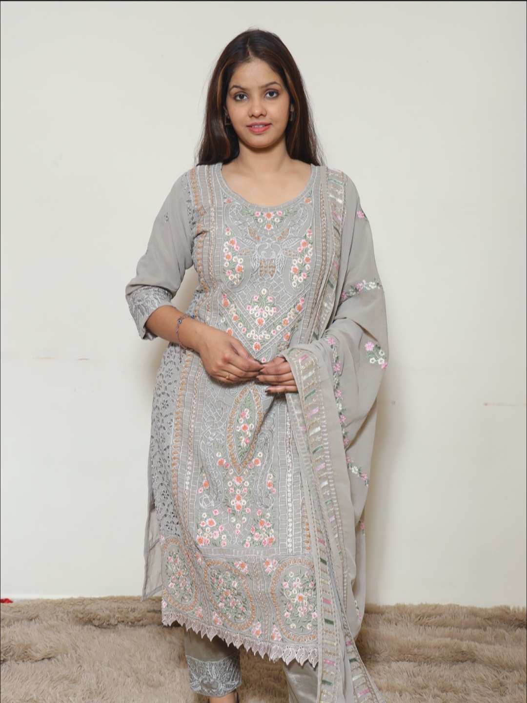 

Wavy Collection Women Embroidered Regular Silk Georgette Kurta with Trousers & With Dupatta, Grey