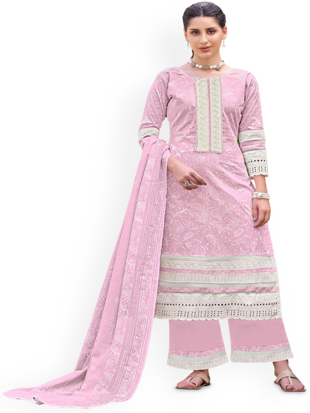 

DRAVINAM Trends Embellished Pure Cotton Unstitched Dress Material, Pink
