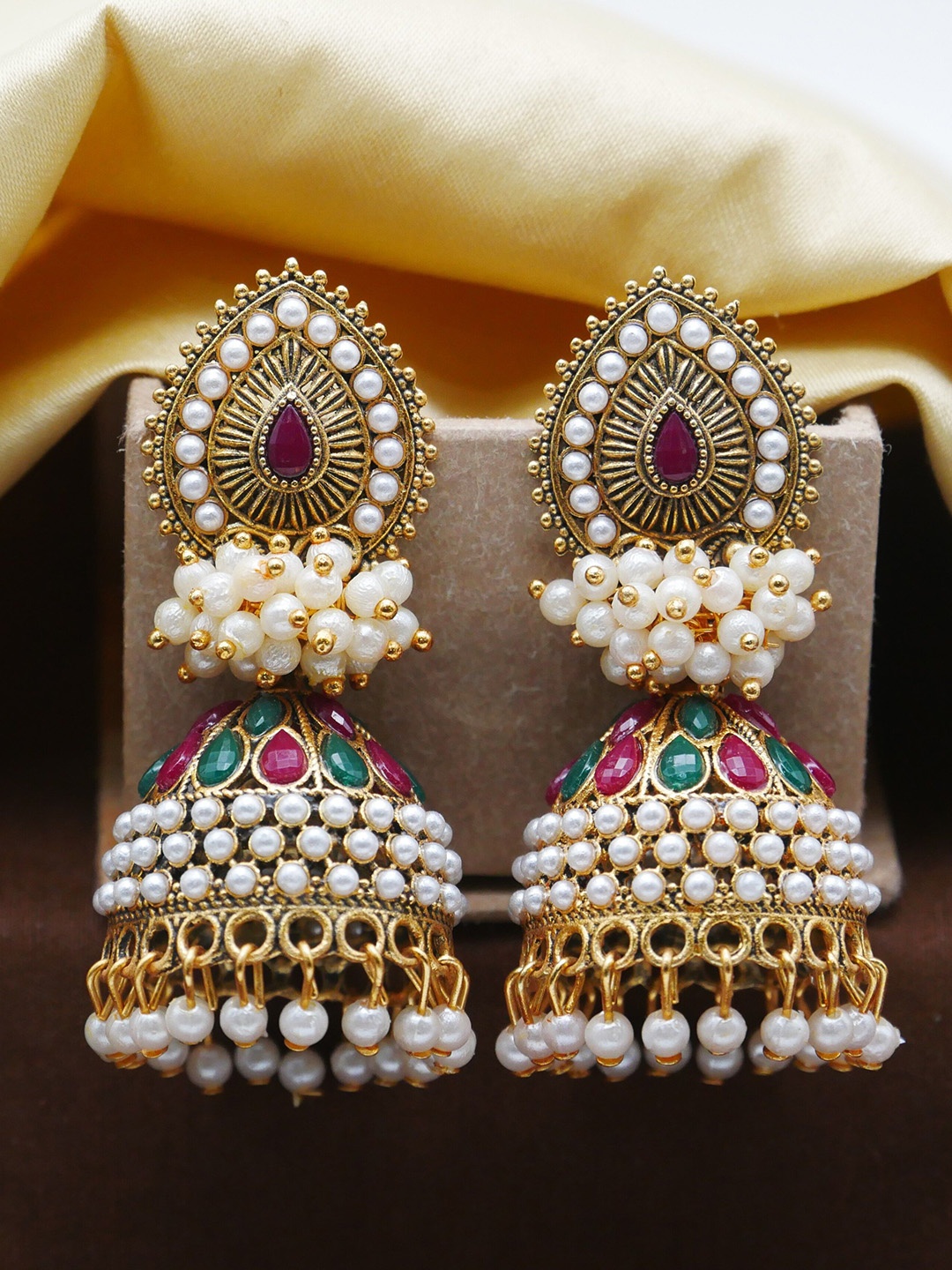 

Anouk Gold Plated Artificial Stones Studded And Beaded Dome Shaped Jhumkas