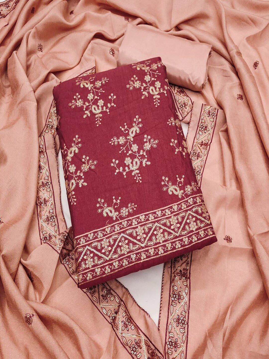 

SHIJILA Floral Embellished Sequinned Unstitched Dress Material, Burgundy