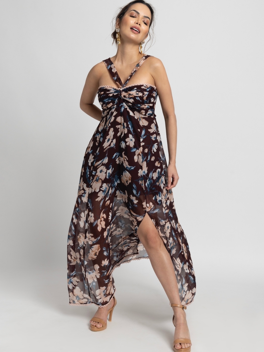 

JULO Floral Print Chiffon Maxi Dress, Brown