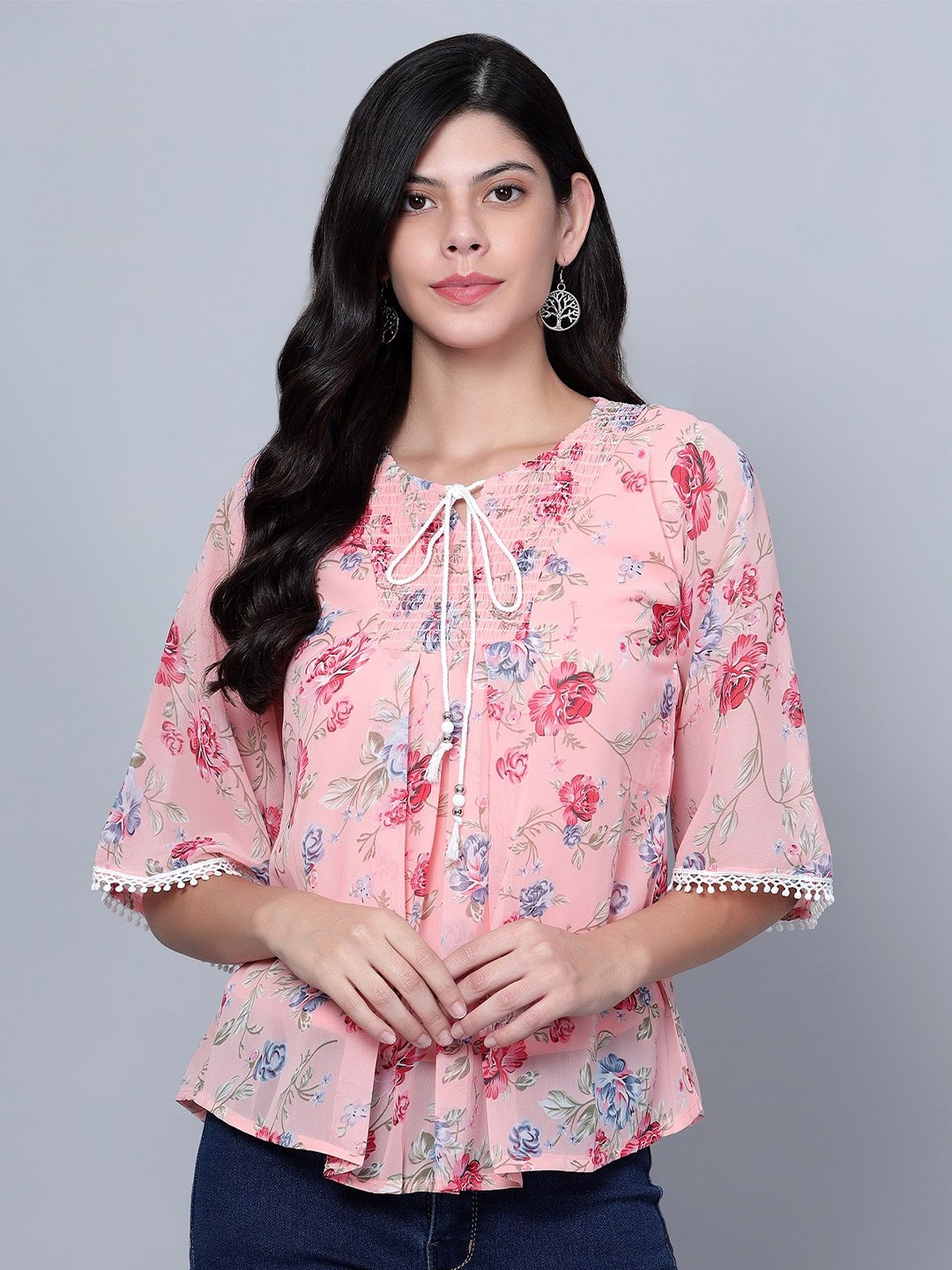 

Moda Rapido Floral Print Tie-Up Neck Georgette Top, Peach