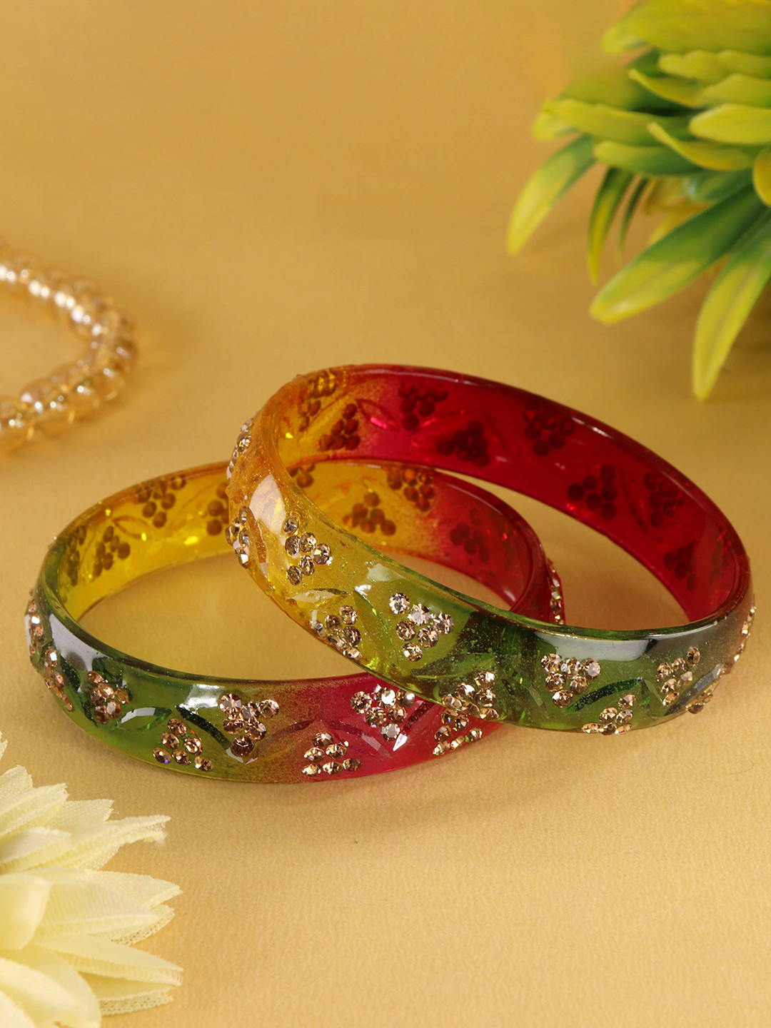 

LAVAZZA Set Of 2 Cubic Zirconia Studded Glass Bangles, Red