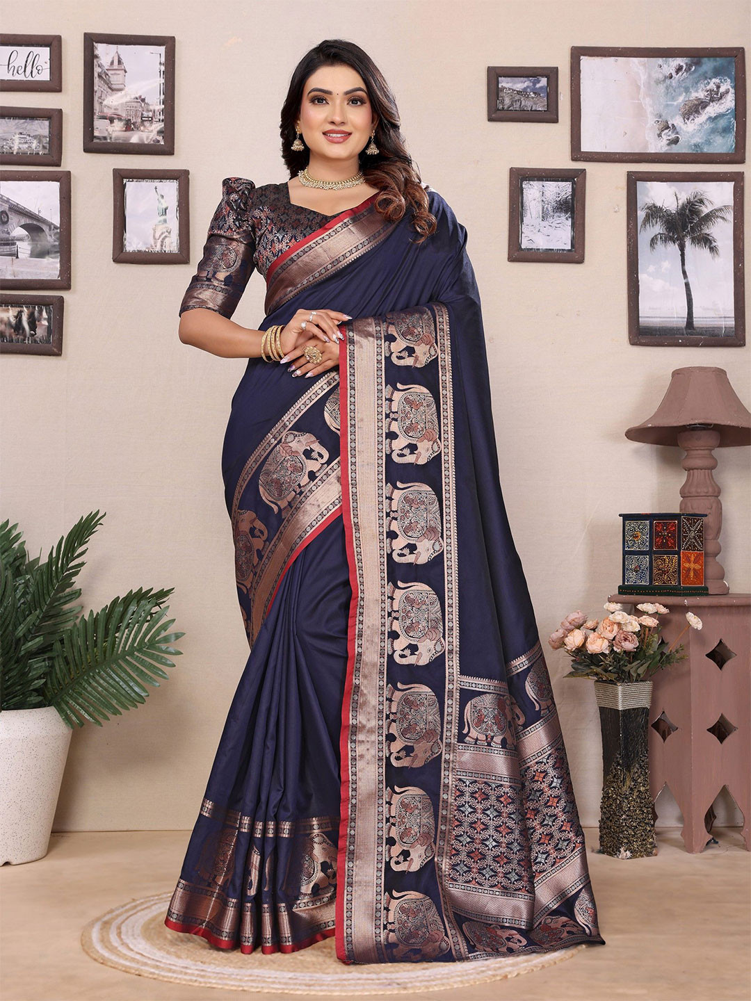 

Mitera Zari Silk Blend Saree, Navy blue