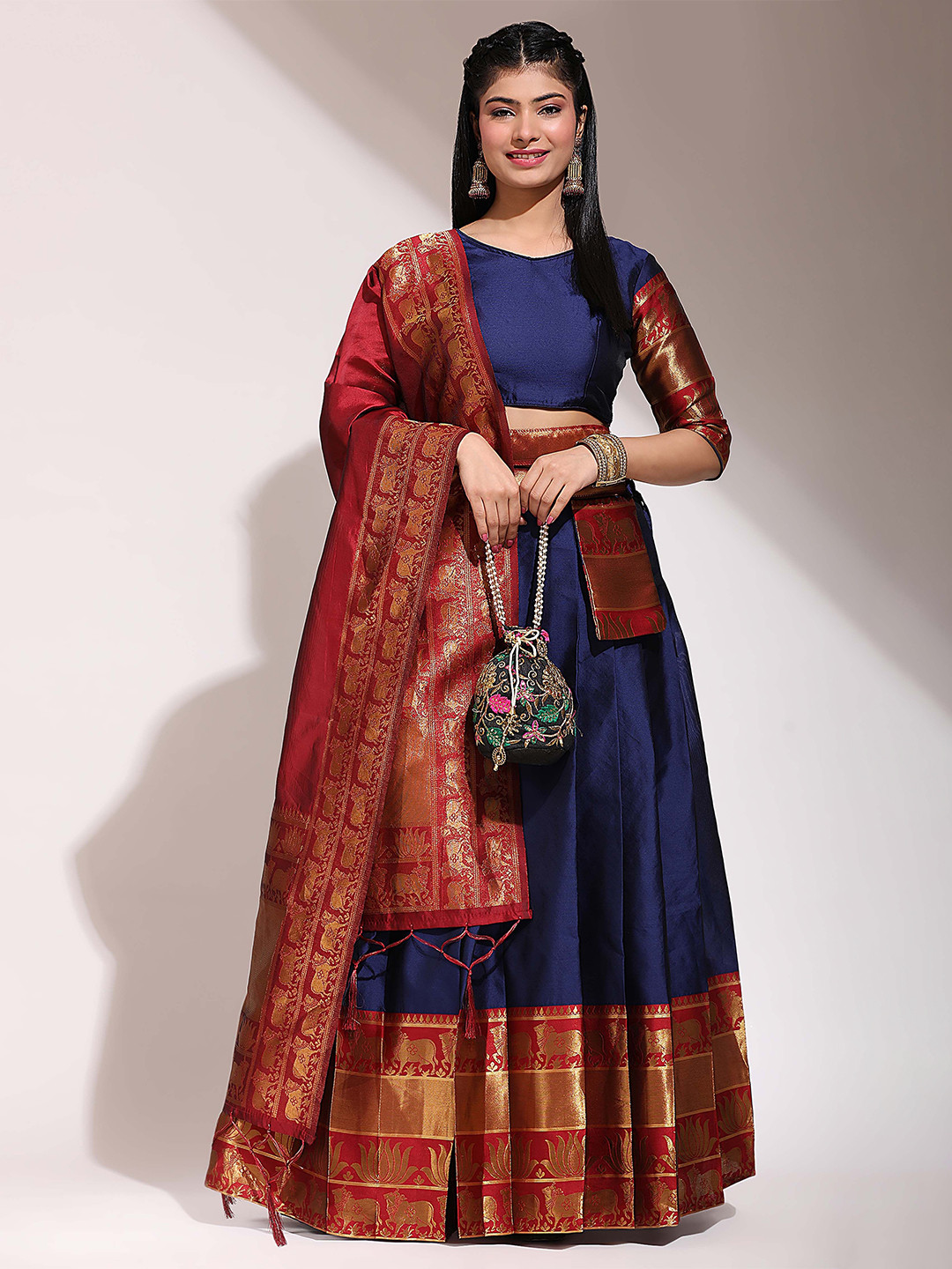 

Payu Semi-Stitched Lehenga & Unstitched Blouse With Dupatta, Navy blue