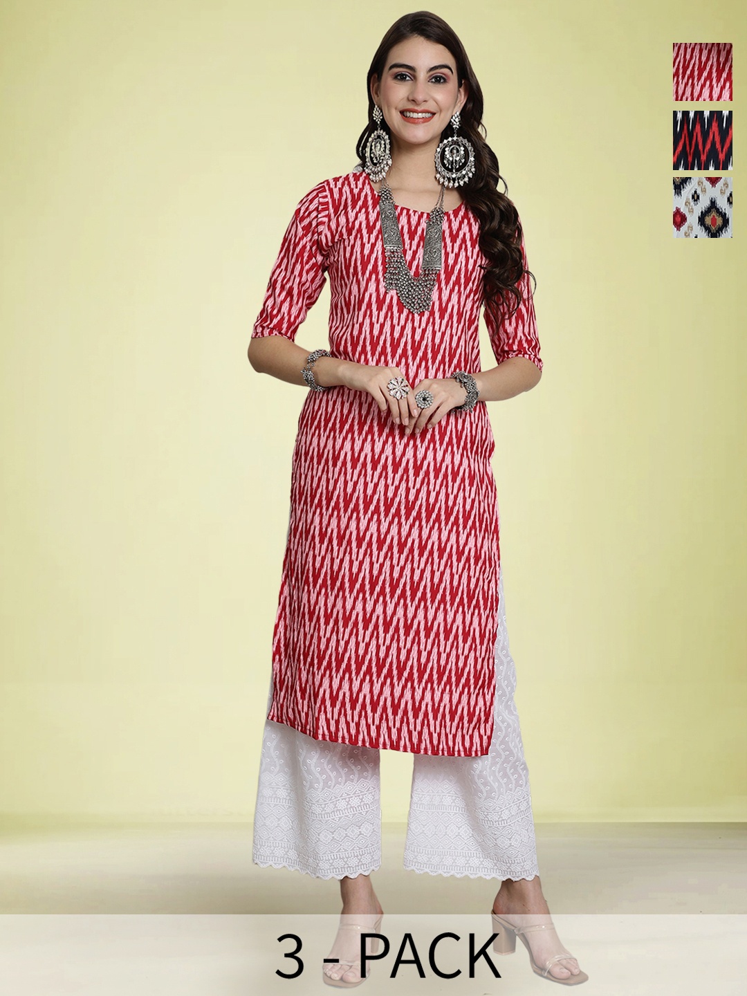 

Moda Rapido Selection Of 3 Chevron Printed Round Neck Straight Kurtas, Red