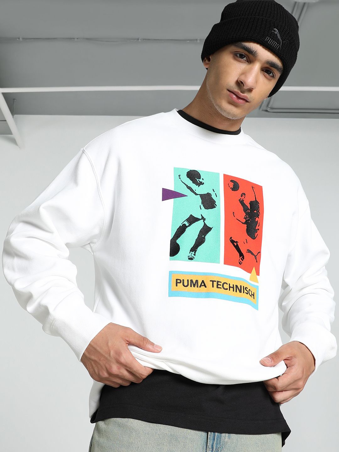 

Puma Graphics "Technisch" Graphic Printed Pure Cotton Relaxed Fit Crew-Neck Sweatshirt, White