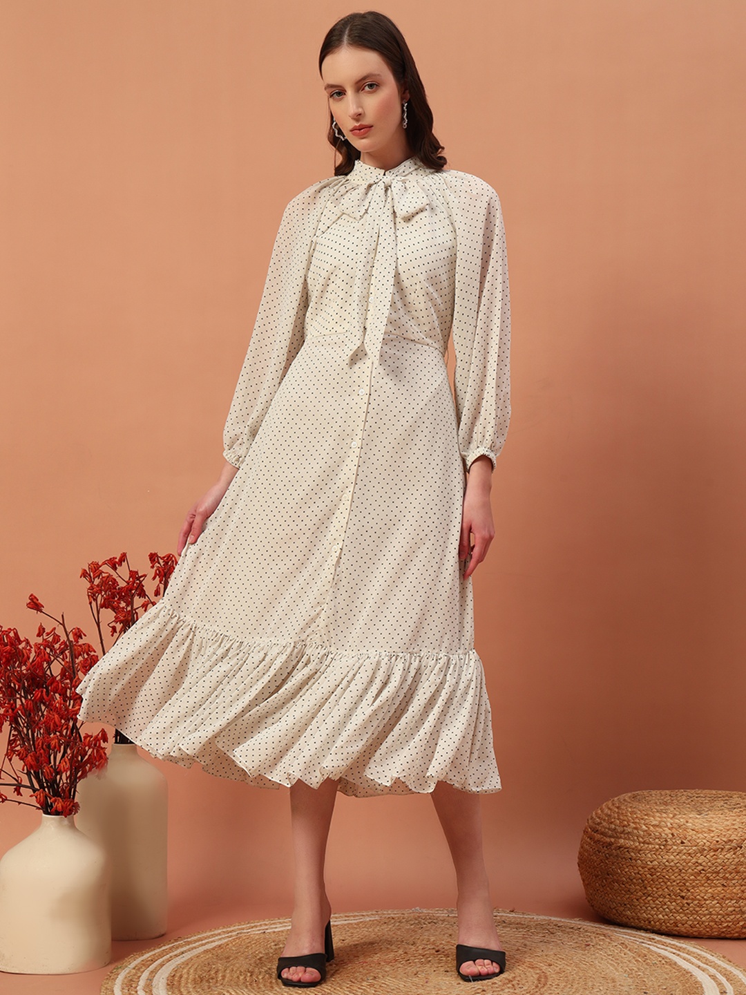 

BAESD Print Puff Sleeve Georgette A-Line Dress, Cream