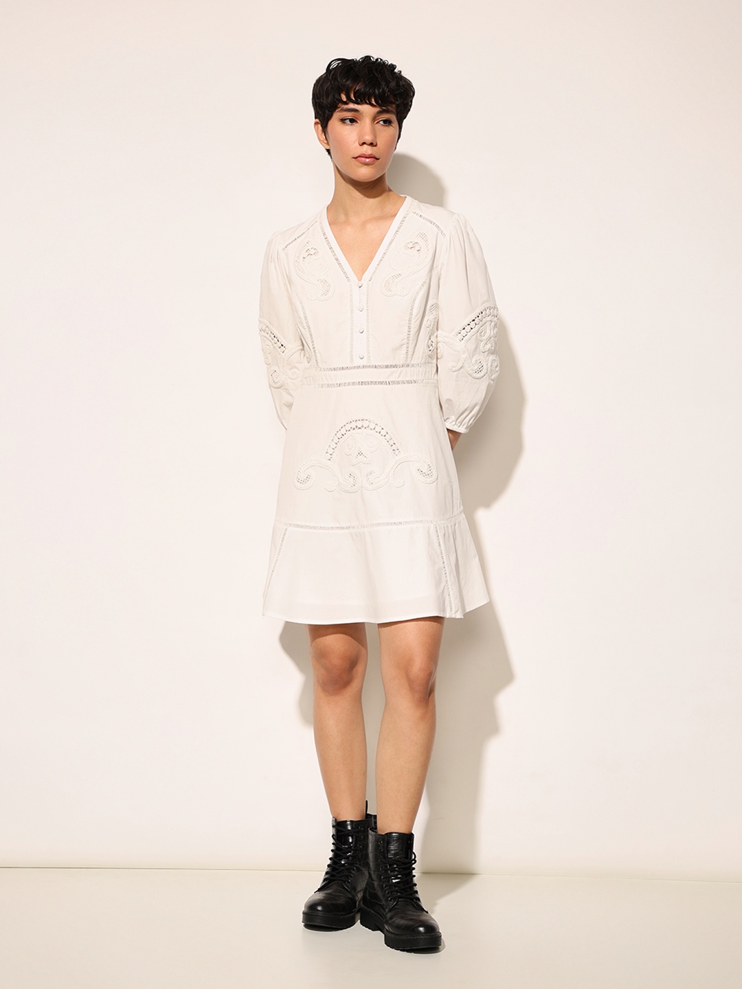 

ONLY Embroidered Puff Sleeve Fit & Flare Mini Dress, White