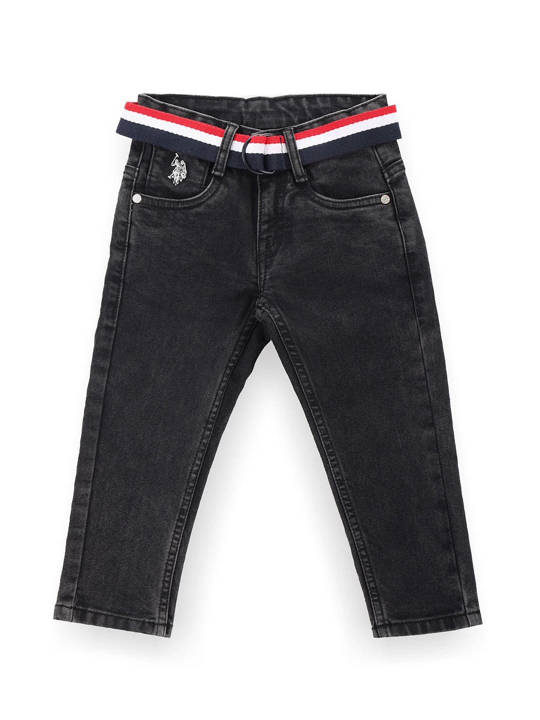 

U.S. Polo Assn. Kids Boys Slim Fit Mid-Rise Light Fade Stretchable Jeans With Belt, Black