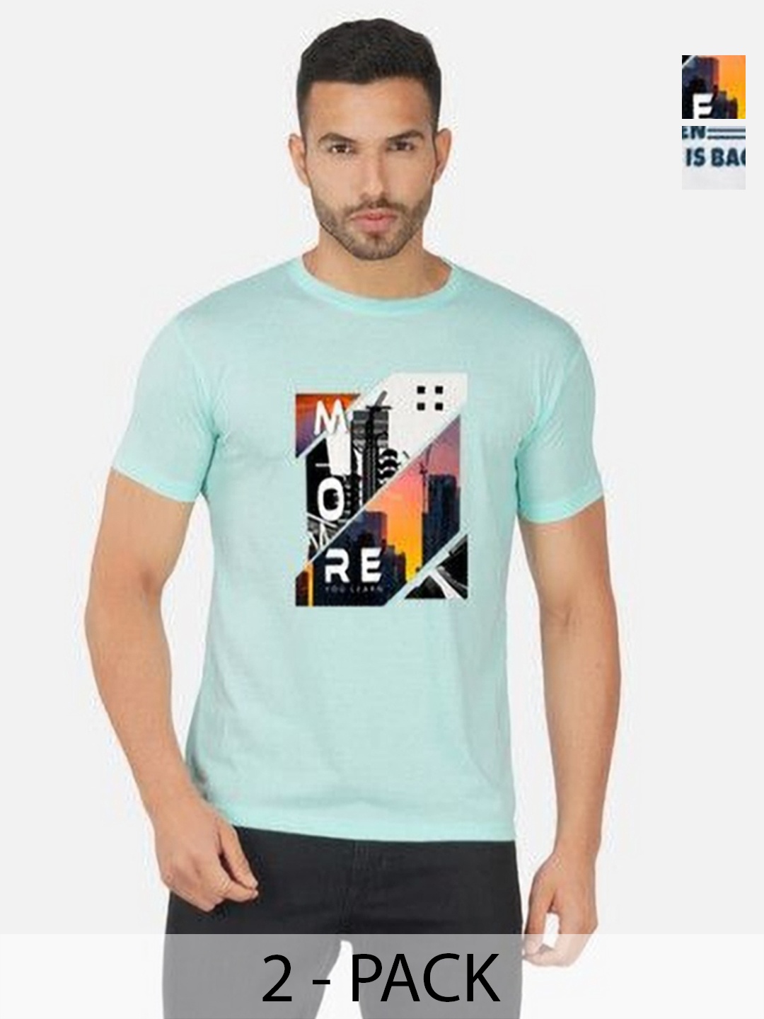 

GLOBAL NOMAD Men 2 Printed Bio Finish Applique T-shirt, Turquoise blue