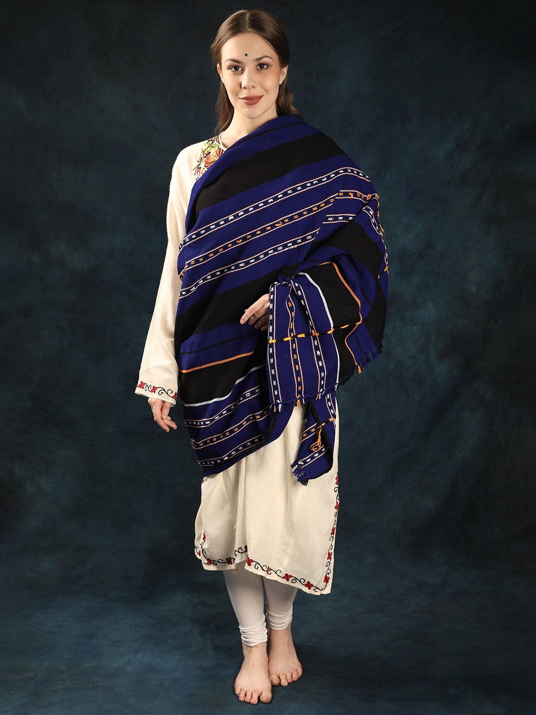 

Exotic India Women Striped Embroidered Shawl, Navy blue