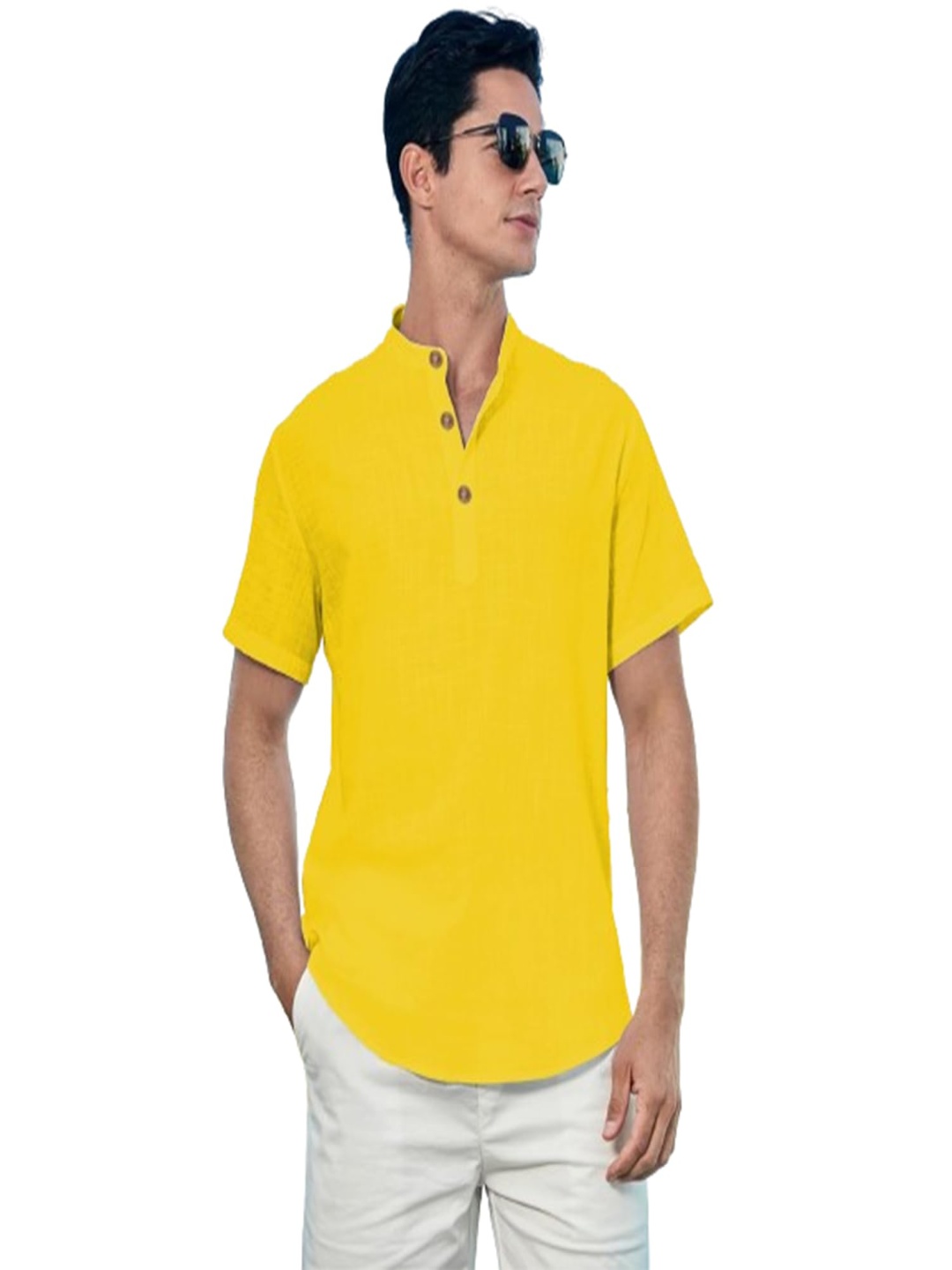 

EdinWolf Pure Cotton Band Collar Straight Short Kurta, Yellow