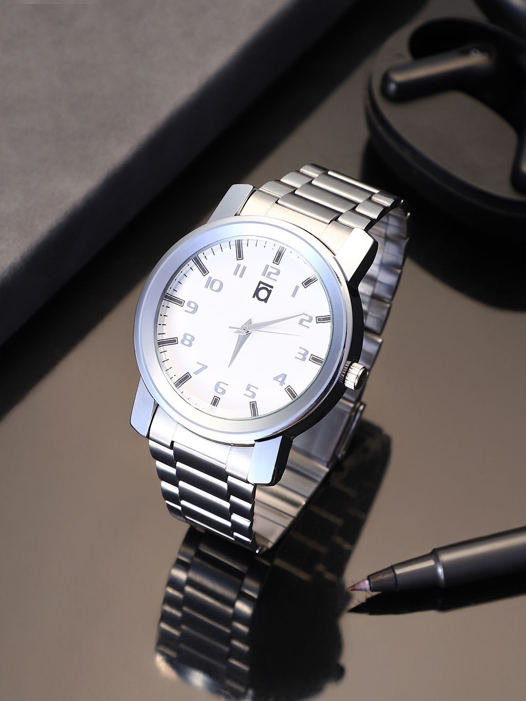 

French Accent Men Printed Dial & Stainless Steel Bracelet Style Straps Analogue Watch SW25_FAWC1007, Silver