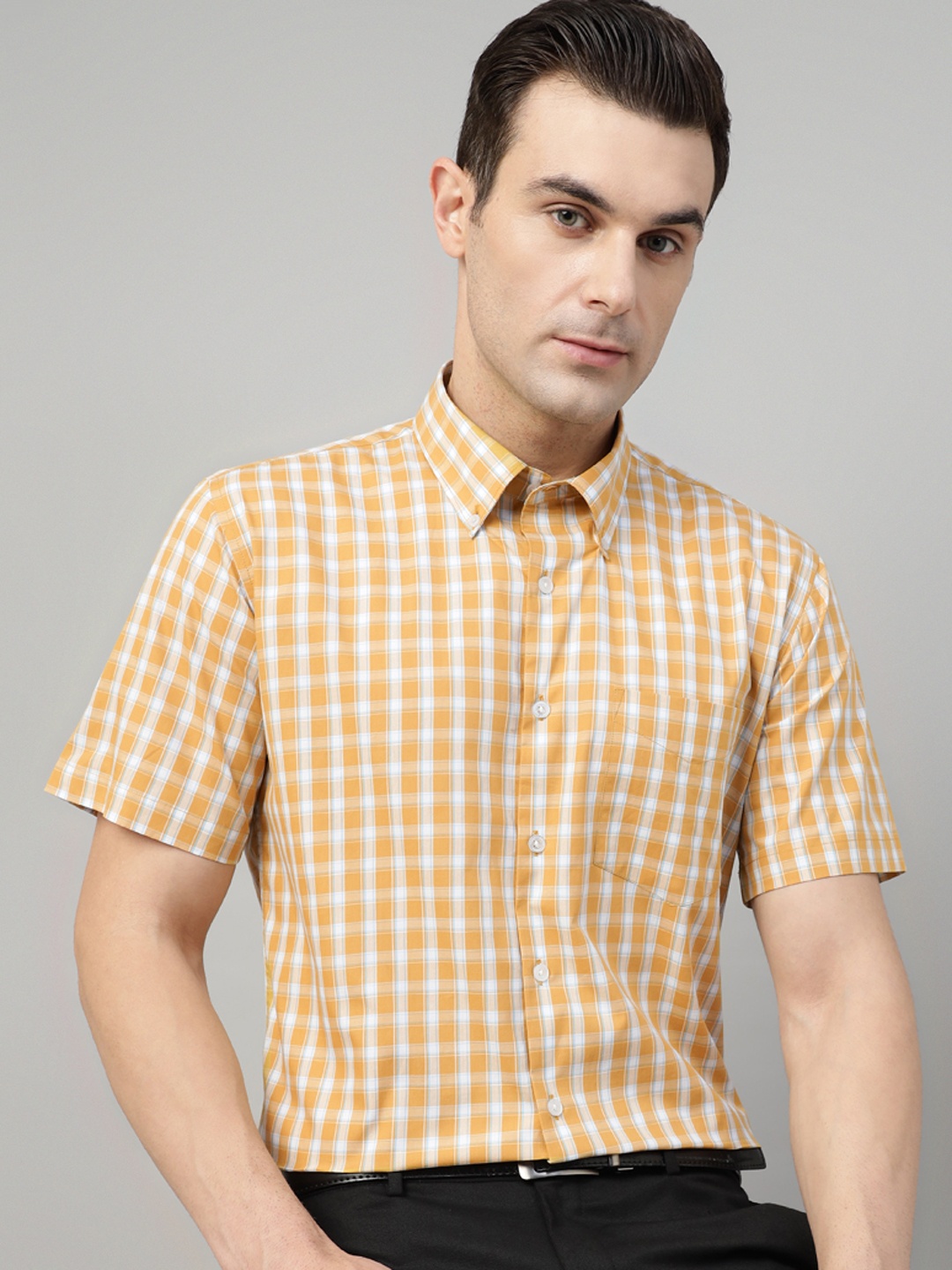 

Hancock Men Standard Slim Fit Windowpane Checks Opaque Checked Formal Shirt, Mustard