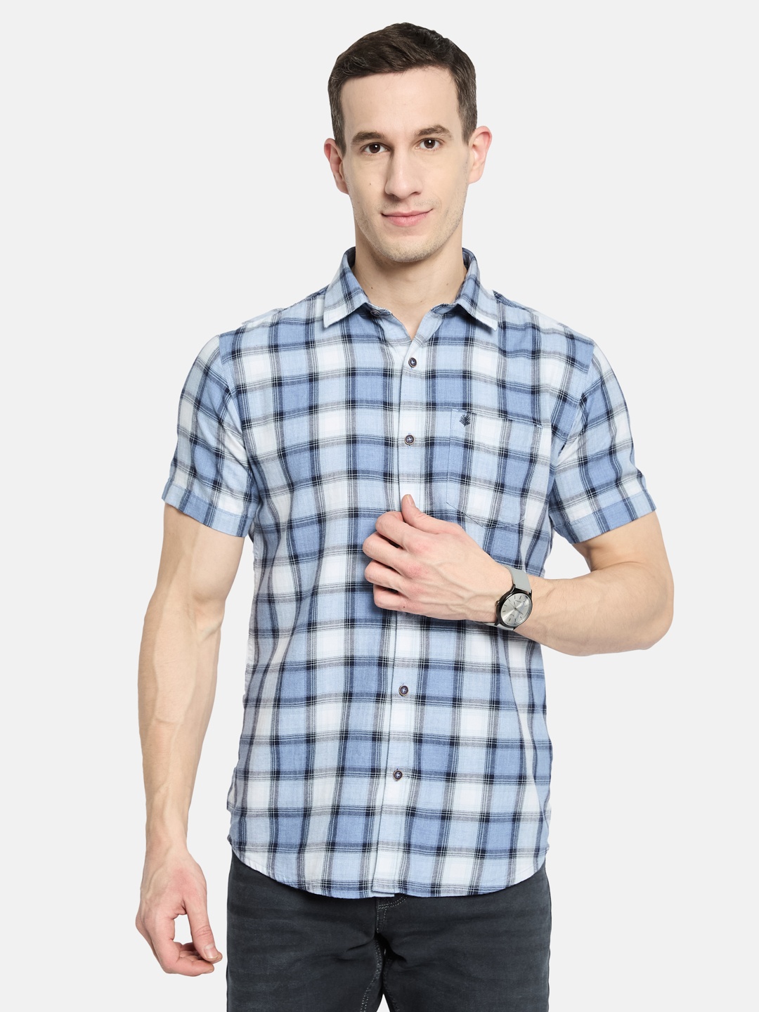 

METTLE Men Opaque Checked Casual Shirt, Blue