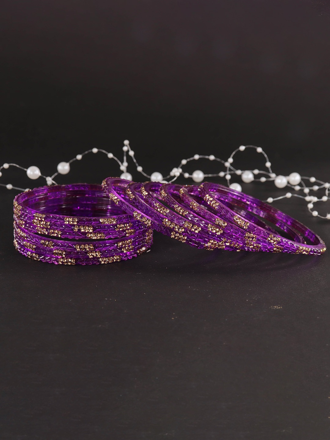 

LAVAZZA Set Of 12 Crystals Studded Glass Bangles, Purple