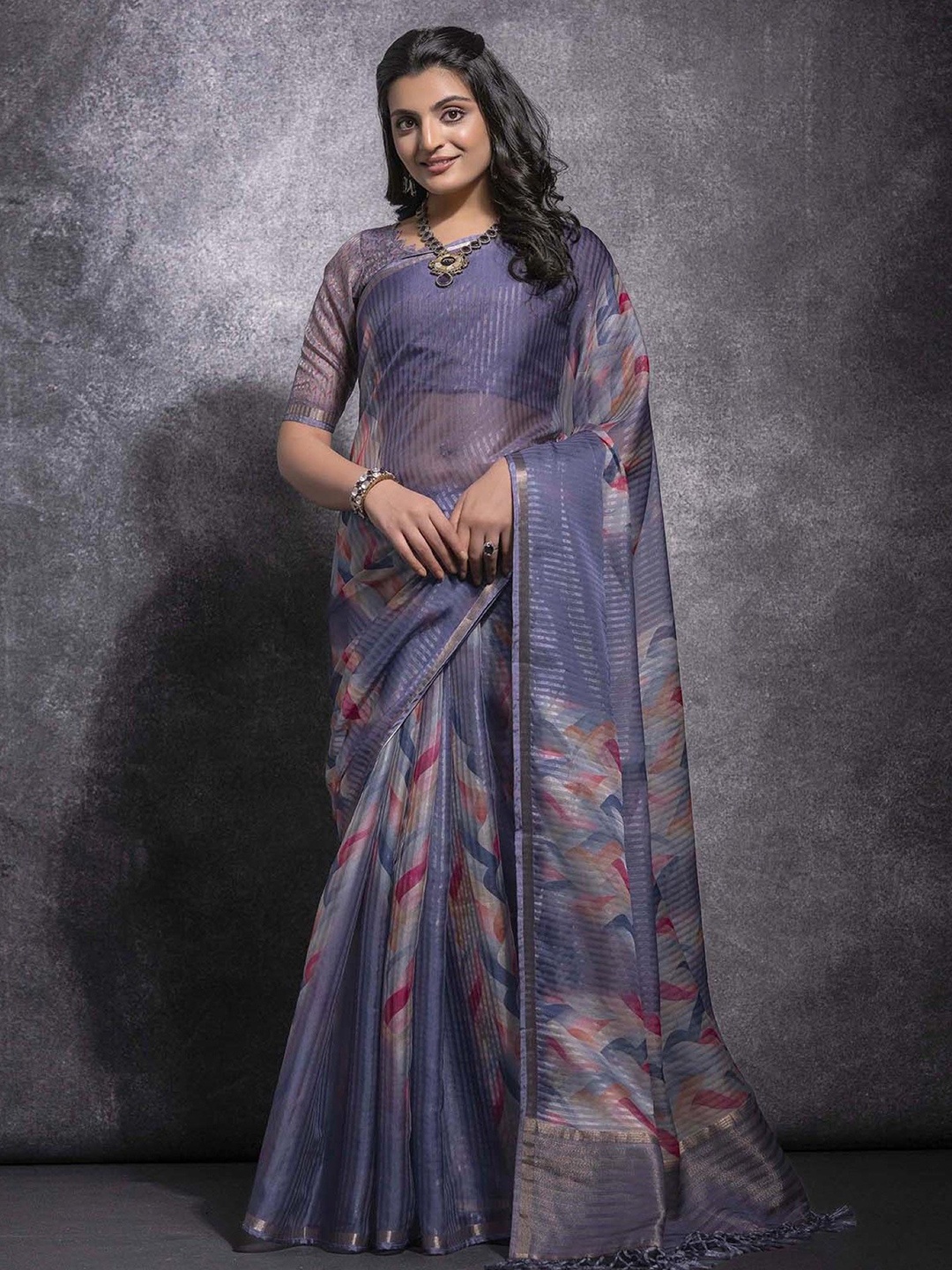 

DIVASTRI Zari Linen Blend Saree, Blue