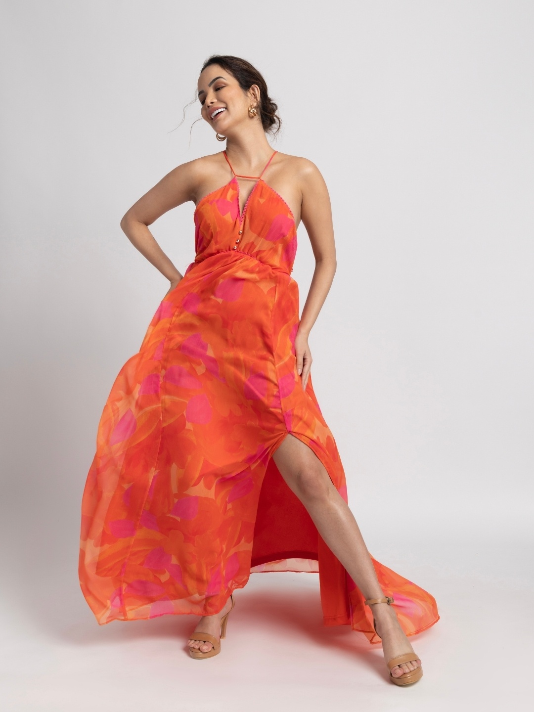 

JULO Floral Print Tie-Up Neck Chiffon Maxi Dress, Orange