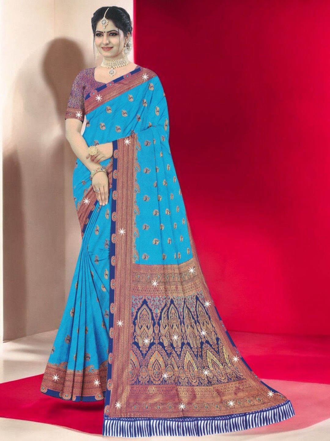 

SHOPPKEE Woven Design Zari Silk Blend Banarasi Saree, Blue