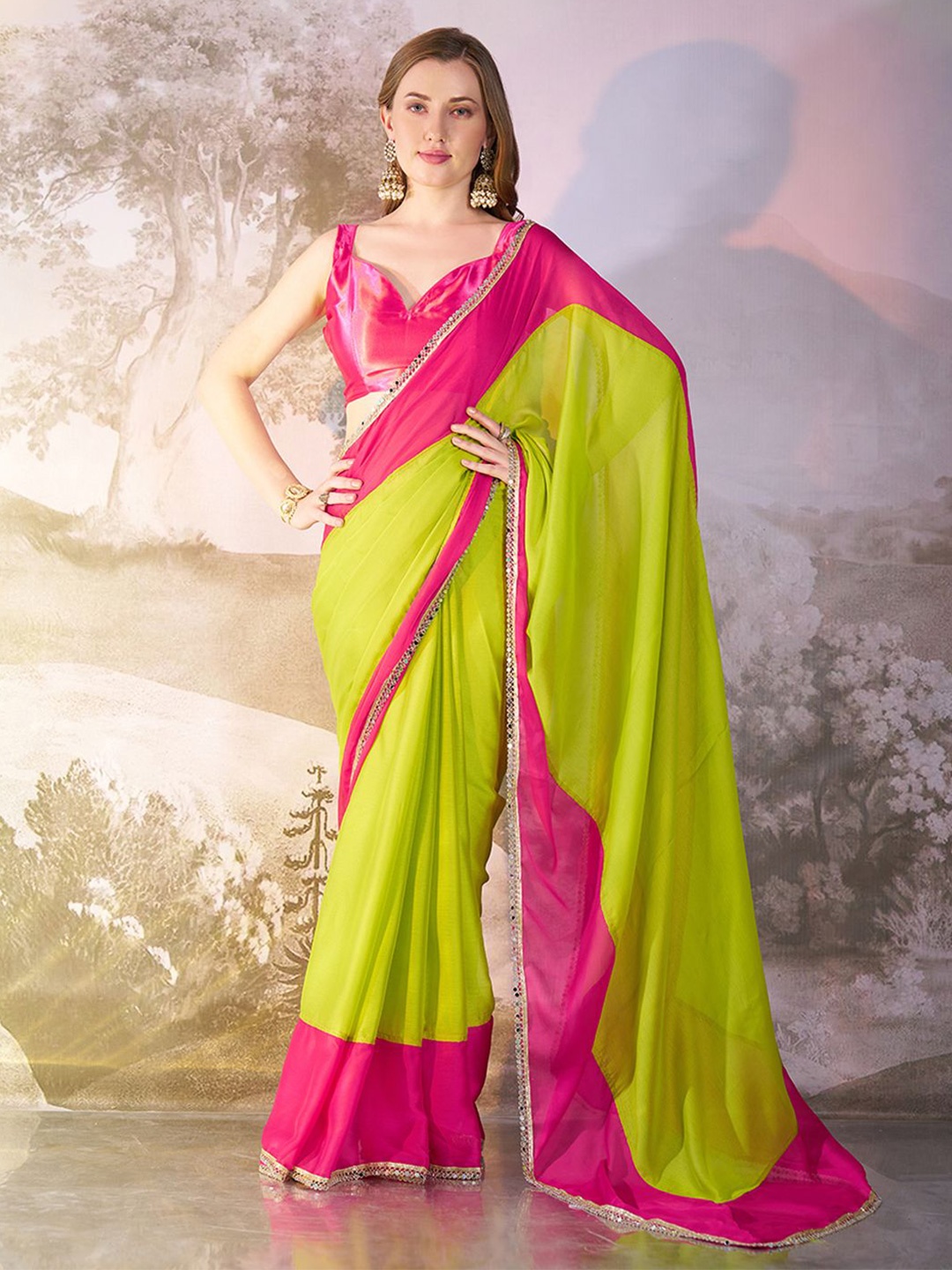 

modeva Colourblocked Mirror Work Pure Georgette Ready to Wear Saree, Fluorescent green