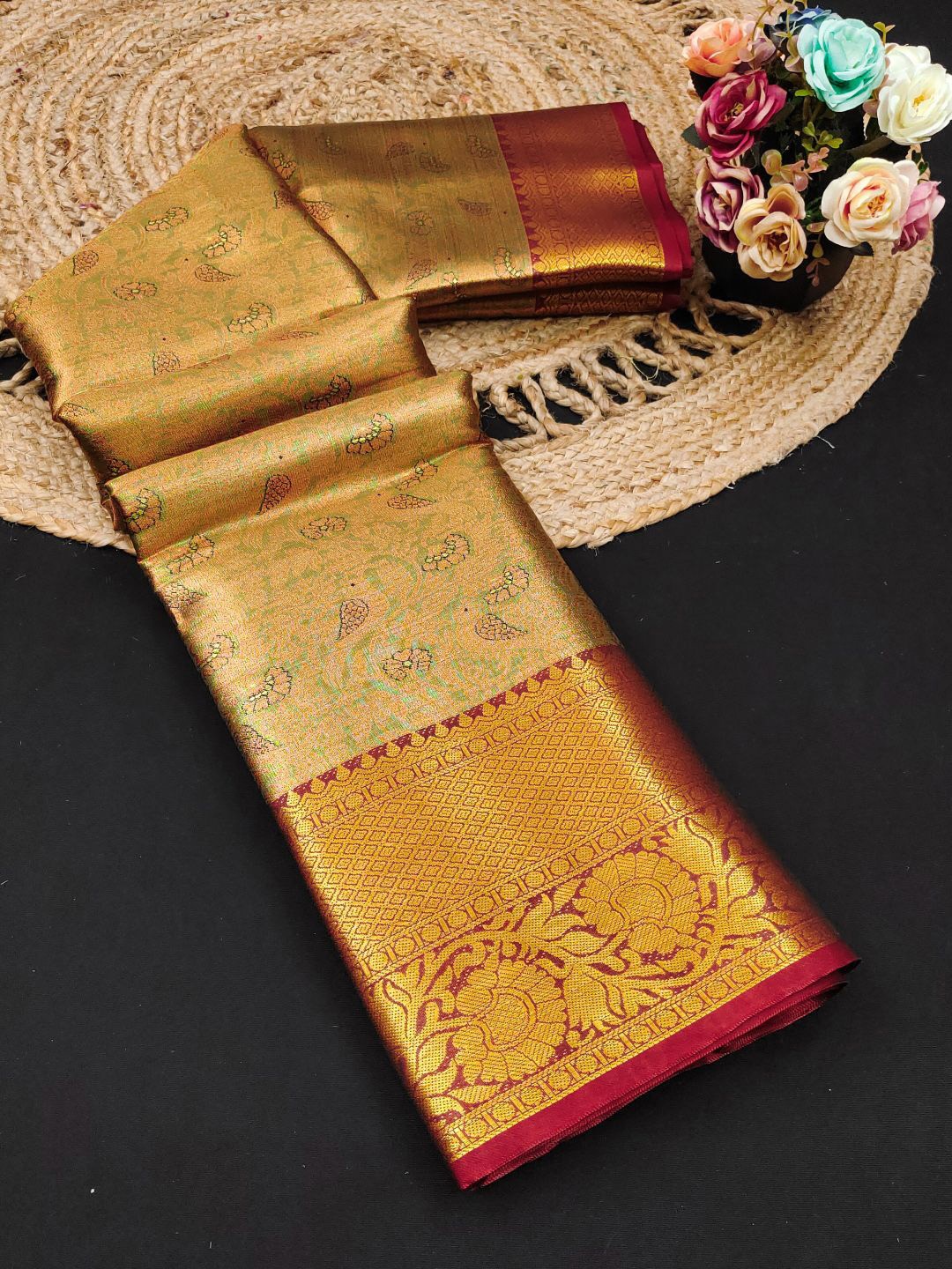 

Mitera Woven Design Zari Pure Silk Kanjeevaram Saree, Black