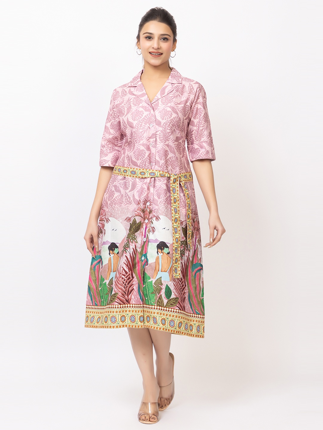 

Lory Ethnic Motifs Crepe Fit & Flare Dress, Pink