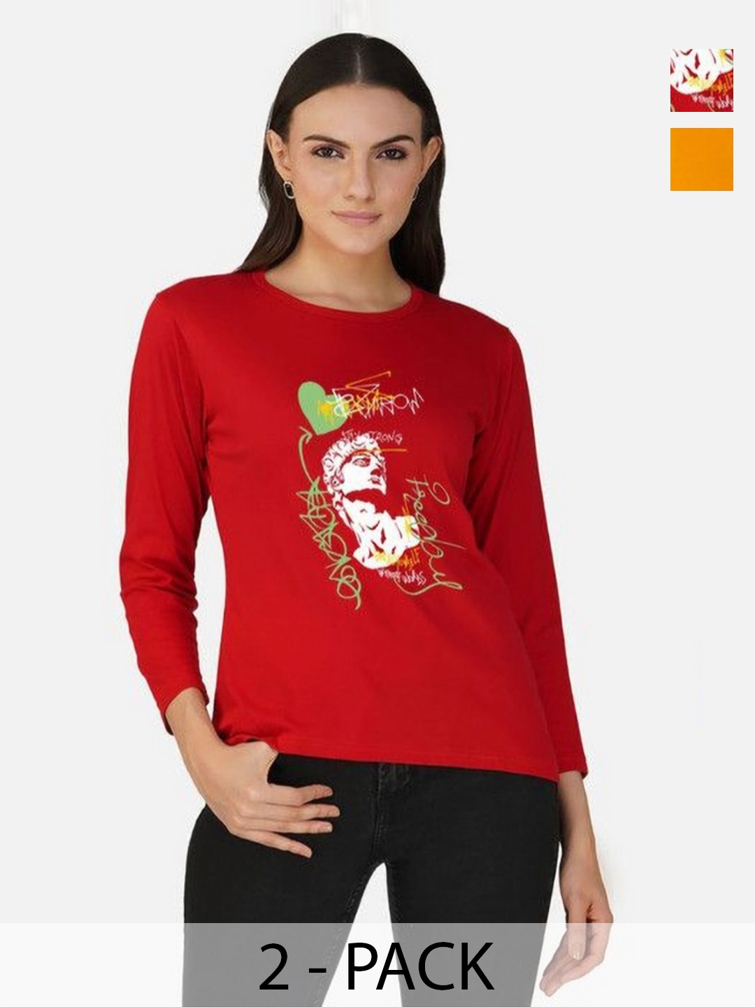 

Metronaut Women Pack of 2 Bio Finish Graphic Printed Round Neck Cotton T-shirts, Mustard